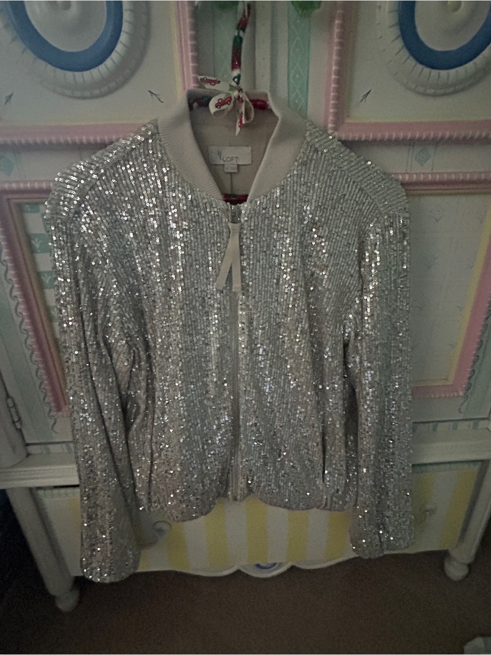 LOFT Silver Sequin Bomber Jacket with Rib Trim